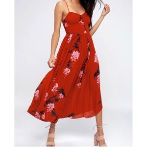 Free People Red Beau Floral Print Smocked Maxi Dress V Neck Gauzy Woven Size Med